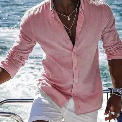 Men's Shirt Linen Shirt Summer Shirt Beach Shirt Yellow Pink Blue Long Sleeve Plain Lapel Spring & Summer Hawaiian Holiday Clothing Apparel Basic
