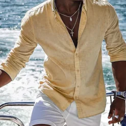 Men's Shirt Linen Shirt Summer Shirt Beach Shirt Yellow Pink Blue Long Sleeve Plain Lapel Spring & Summer Hawaiian Holiday Clothing Apparel Basic