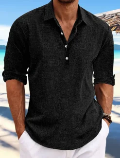 Men's Shirt Linen Shirt Summer Shirt Beach Wear Plain Vacation Casual Black White Blue Green Long Sleeve Lapel Spring & Summer Clothing Apparel