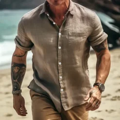Men's Shirt Linen Shirt Summer Shirt Beach Wear Casual Shirt Button Up Shirt Plain Casual Daily Black Navy Blue Brown Gray Long Sleeve Turndown Spring & Summer Clothing Apparel Front Pocket