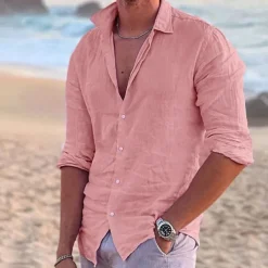 Men's Shirt Linen Shirt Summer Shirt Beach Wear Button Up Shirt Solid Color Outdoor Vacation Black White Pink Blue Long Sleeve Turndown Spring & Summer Clothing Apparel Button-Down
