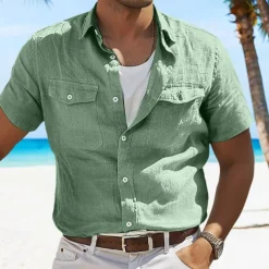 Men's Shirt Linen Shirt Summer Shirt Beach Shirt Solid Color Vacation Curise Green Light Grey Light Blue Short Sleeve Fold-over Collar Spring & Summer Clothing Apparel Pocket