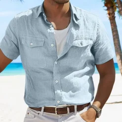 Men's Shirt Linen Shirt Summer Shirt Beach Shirt Solid Color Vacation Curise Green Light Grey Light Blue Short Sleeve Fold-over Collar Spring & Summer Clothing Apparel Pocket