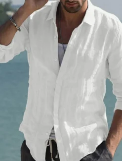 Men's Shirt Linen Shirt Summer Shirt Beach Wear Button Up Shirt Solid Color Vacation Curise Black White Pink Navy Blue Long Sleeve Collar Spring & Summer Clothing Apparel Button-Down