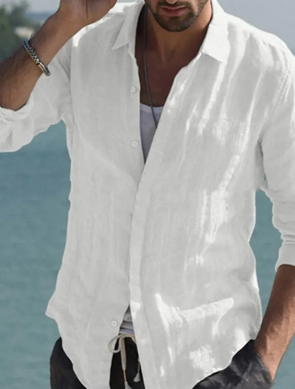 Men's Shirt Linen Shirt Summer Shirt Beach Wear Button Up Shirt Solid Color Vacation Curise Black White Pink Navy Blue Long Sleeve Collar Spring & Summer Clothing Apparel Button-Down