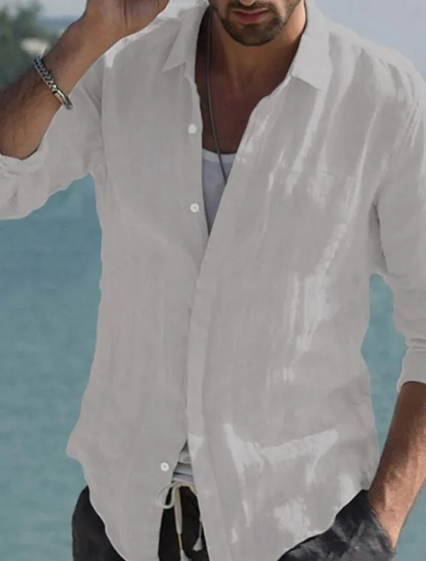 Men's Shirt Linen Shirt Summer Shirt Beach Wear Button Up Shirt Solid Color Vacation Curise Black White Pink Navy Blue Long Sleeve Collar Spring & Summer Clothing Apparel Button-Down