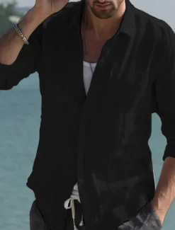 Men's Shirt Linen Shirt Summer Shirt Beach Wear Button Up Shirt Solid Color Vacation Curise Black White Pink Navy Blue Long Sleeve Collar Spring & Summer Clothing Apparel Button-Down
