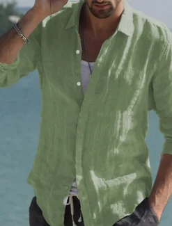 Men's Shirt Linen Shirt Summer Shirt Beach Wear Button Up Shirt Solid Color Vacation Curise Black White Pink Navy Blue Long Sleeve Collar Spring & Summer Clothing Apparel Button-Down