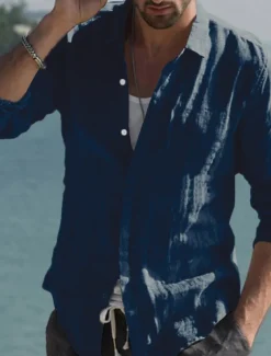 Men's Shirt Linen Shirt Summer Shirt Beach Wear Button Up Shirt Solid Color Vacation Curise Black White Pink Navy Blue Long Sleeve Collar Spring & Summer Clothing Apparel Button-Down