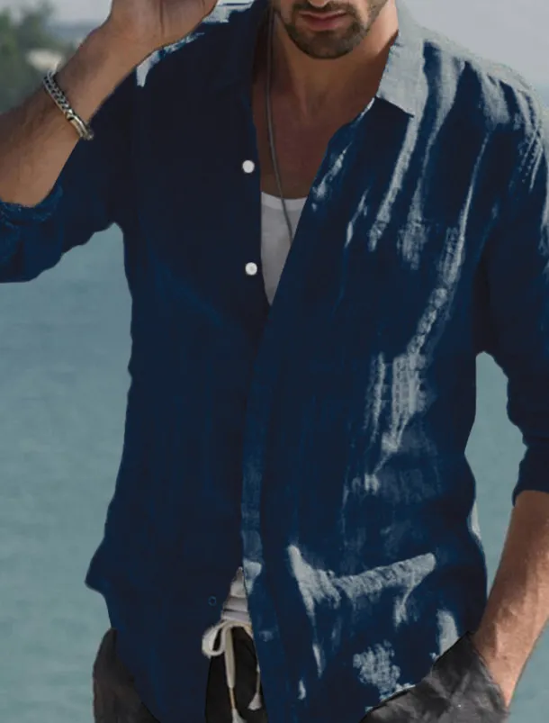 Men's Shirt Linen Shirt Summer Shirt Beach Wear Button Up Shirt Solid Color Vacation Curise Black White Pink Navy Blue Long Sleeve Collar Spring & Summer Clothing Apparel Button-Down