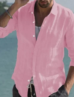Men's Shirt Linen Shirt Summer Shirt Beach Wear Button Up Shirt Solid Color Vacation Curise Black White Pink Navy Blue Long Sleeve Collar Spring & Summer Clothing Apparel Button-Down