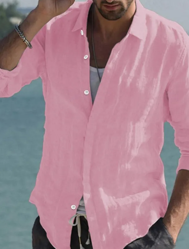 Men's Shirt Linen Shirt Summer Shirt Beach Wear Button Up Shirt Solid Color Vacation Curise Black White Pink Navy Blue Long Sleeve Collar Spring & Summer Clothing Apparel Button-Down