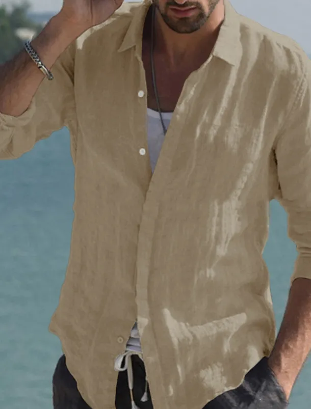Men's Shirt Linen Shirt Summer Shirt Beach Wear Button Up Shirt Solid Color Vacation Curise Black White Pink Navy Blue Long Sleeve Collar Spring & Summer Clothing Apparel Button-Down