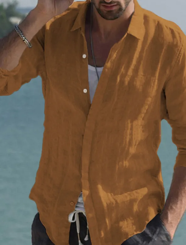 Men's Shirt Linen Shirt Summer Shirt Beach Wear Button Up Shirt Solid Color Vacation Curise Black White Pink Navy Blue Long Sleeve Collar Spring & Summer Clothing Apparel Button-Down