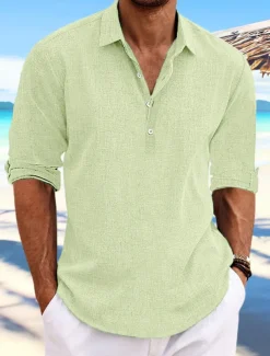 Men's Shirt Linen Shirt Summer Shirt Beach Shirt Plain Casual Daily Black Blue Green Khaki Long Sleeve Lapel Spring & Summer Clothing Apparel