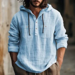 Men's Shirt Linen Shirt Summer Shirt Beach Shirt Hooded Shirt Plain Casual Daily Black White Blue Brown Long Sleeve Hooded Spring & Summer Clothing Apparel