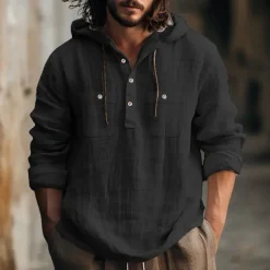 Men's Shirt Linen Shirt Summer Shirt Beach Shirt Hooded Shirt Plain Casual Daily Black White Blue Brown Long Sleeve Hooded Spring & Summer Clothing Apparel