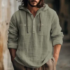Men's Shirt Linen Shirt Summer Shirt Beach Shirt Hooded Shirt Plain Casual Daily Black White Blue Brown Long Sleeve Hooded Spring & Summer Clothing Apparel
