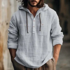 Men's Shirt Linen Shirt Summer Shirt Beach Shirt Hooded Shirt Plain Casual Daily Black White Blue Brown Long Sleeve Hooded Spring & Summer Clothing Apparel