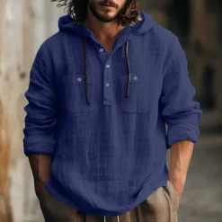 Men's Shirt Linen Shirt Summer Shirt Beach Shirt Hooded Shirt Plain Casual Daily Black White Blue Brown Long Sleeve Hooded Spring & Summer Clothing Apparel