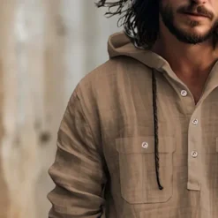 Men's Shirt Linen Shirt Summer Shirt Beach Shirt Hooded Shirt Plain Casual Daily Black White Blue Brown Long Sleeve Hooded Spring & Summer Clothing Apparel