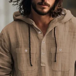 Men's Shirt Linen Shirt Summer Shirt Beach Shirt Hooded Shirt Plain Casual Daily Black White Blue Brown Long Sleeve Hooded Spring & Summer Clothing Apparel