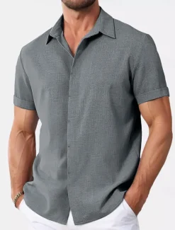 Men's Shirt Linen Shirt Summer Shirt Casual Shirt Beach Shirt Button Down Shirt Plain Casual Daily Black White Pink Blue Short Sleeve Collar Summer Clothing Apparel