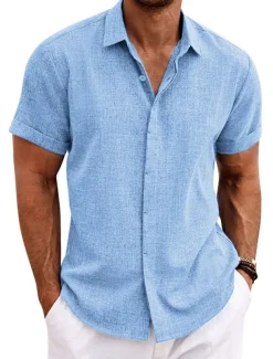 Men's Shirt Linen Shirt Summer Shirt Casual Shirt Beach Shirt Button Down Shirt Plain Casual Daily Black White Blue Green Short Sleeve Lapel Summer Clothing Apparel