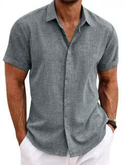 Men's Shirt Linen Shirt Summer Shirt Casual Shirt Beach Shirt Button Down Shirt Plain Casual Daily Black White Blue Green Short Sleeve Lapel Summer Clothing Apparel