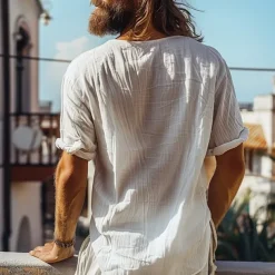 Men's Shirt Linen Shirt Summer Shirt Beach Shirt Solid Color Vacation Curise Black White Short Sleeve Round Neck Summer Spring Clothing Apparel