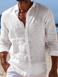 Men's Shirt Linen Shirt Summer Shirt Beach Wear Button Up Shirt Plain Casual Daily Black White Pink Navy Blue Long Sleeve Turndown Spring & Summer Clothing Apparel