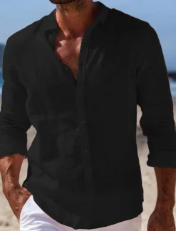 Men's Shirt Linen Shirt Summer Shirt Beach Wear Button Up Shirt Plain Casual Daily Black White Pink Navy Blue Long Sleeve Turndown Spring & Summer Clothing Apparel