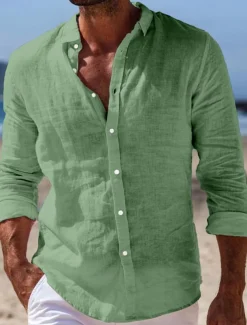 Men's Shirt Linen Shirt Summer Shirt Beach Wear Button Up Shirt Plain Casual Daily Black White Pink Navy Blue Long Sleeve Turndown Spring & Summer Clothing Apparel