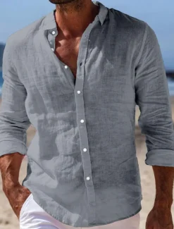 Men's Shirt Linen Shirt Summer Shirt Beach Wear Button Up Shirt Plain Casual Daily Black White Pink Navy Blue Long Sleeve Turndown Spring & Summer Clothing Apparel