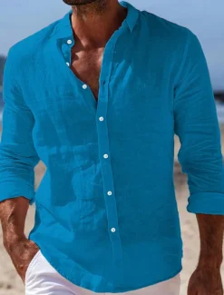 Men's Shirt Linen Shirt Summer Shirt Beach Wear Button Up Shirt Plain Casual Daily Black White Pink Navy Blue Long Sleeve Turndown Spring & Summer Clothing Apparel