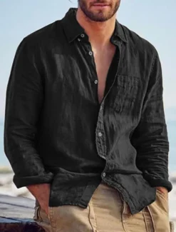 Men's Shirt Linen Shirt Summer Shirt Beach Shirt Untucked Shirts Solid Color Outdoor Vacation Black Brown Green Khaki Long Sleeve Turndown Spring & Fall Clothing Apparel Button-Down