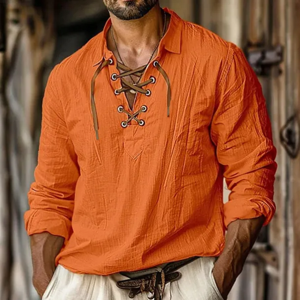 Men's Shirt Linen Shirt Viking Style Pirate Shirt Summer Shirt Beach Wear White Orange Green Light Blue Long Sleeve Solid Color Collarless Street Daily Clothing Apparel