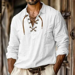 Men's Shirt Linen Shirt Viking Style Pirate Shirt Summer Shirt Beach Wear White Orange Green Light Blue Long Sleeve Solid Color Collarless Street Daily Clothing Apparel