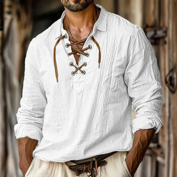 Men's Shirt Linen Shirt Viking Style Pirate Shirt Summer Shirt Beach Wear White Orange Green Light Blue Long Sleeve Solid Color Collarless Street Daily Clothing Apparel