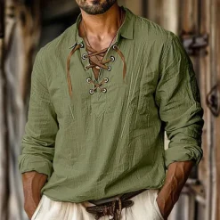 Men's Shirt Linen Shirt Viking Style Pirate Shirt Summer Shirt Beach Wear White Orange Green Light Blue Long Sleeve Solid Color Collarless Street Daily Clothing Apparel