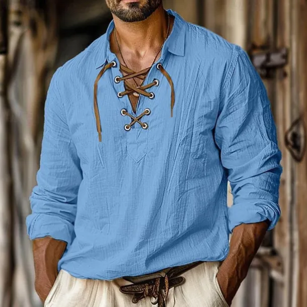 Men's Shirt Linen Shirt Viking Style Pirate Shirt Summer Shirt Beach Wear White Orange Green Light Blue Long Sleeve Solid Color Collarless Street Daily Clothing Apparel