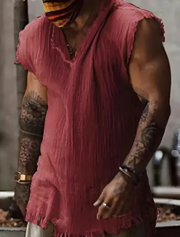 Men's Shirt Linen Shirt Viking Style Summer Shirt Beach Wear Plain Vacation Hawaiian White Wine Blue Dark Grey Sleeveless V Neck Summer Clothing Apparel