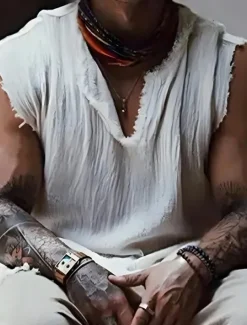 Men's Shirt Linen Shirt Viking Style Summer Shirt Beach Wear Plain Vacation Hawaiian White Wine Blue Dark Grey Sleeveless V Neck Summer Clothing Apparel