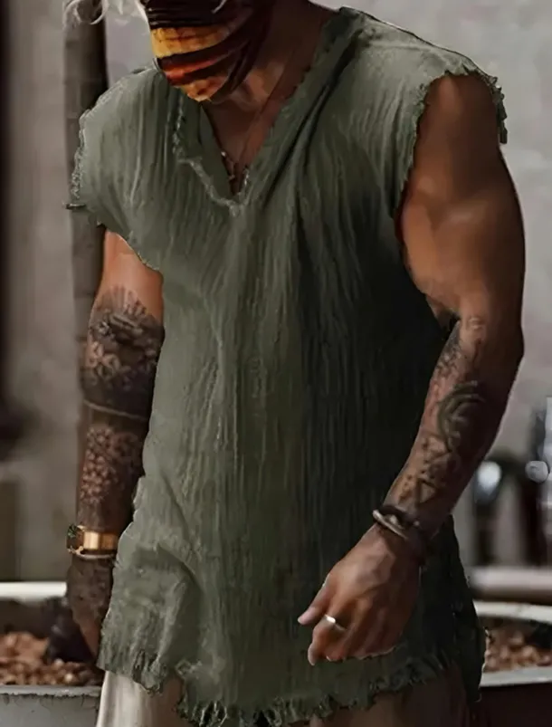 Men's Shirt Linen Shirt Viking Style Summer Shirt Beach Wear Plain Vacation Hawaiian White Wine Blue Dark Grey Sleeveless V Neck Summer Clothing Apparel