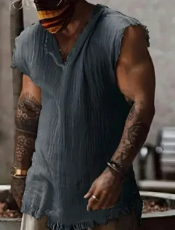 Men's Shirt Linen Shirt Viking Style Summer Shirt Beach Wear Plain Vacation Hawaiian White Wine Blue Dark Grey Sleeveless V Neck Summer Clothing Apparel