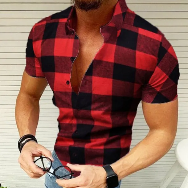 Men's Shirt Popover Shirt Summer Shirt Button Up Shirt Plaid Shirt Wine Black Yellow Red Green Short Sleeve Graphic Plaid / Check Lattice Turndown Hot Stamping Street Casual Print Clothing Apparel