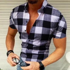 Men's Shirt Popover Shirt Summer Shirt Button Up Shirt Plaid Shirt Wine Black Yellow Red Green Short Sleeve Graphic Plaid / Check Lattice Turndown Hot Stamping Street Casual Print Clothing Apparel