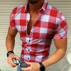 Men's Shirt Popover Shirt Summer Shirt Button Up Shirt Plaid Shirt Wine Black Yellow Red Green Short Sleeve Graphic Plaid / Check Lattice Turndown Hot Stamping Street Casual Print Clothing Apparel