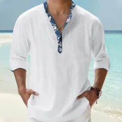 Men's Shirt Popover Shirt Summer Shirt Casual Shirt Beach Shirt Black White Pink Orange Green Long Sleeve Floral Print Solid / Plain Color Band Collar Henley Vacation Hawaiian Buckle Clothing Apparel