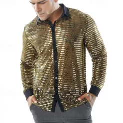 Men's Shirt Prom Shirt Disco Shirt Silver Black Gold Long Sleeve Sequin Collar Performance Party Evening Wear Sequins Clothing Apparel Fashion Casual